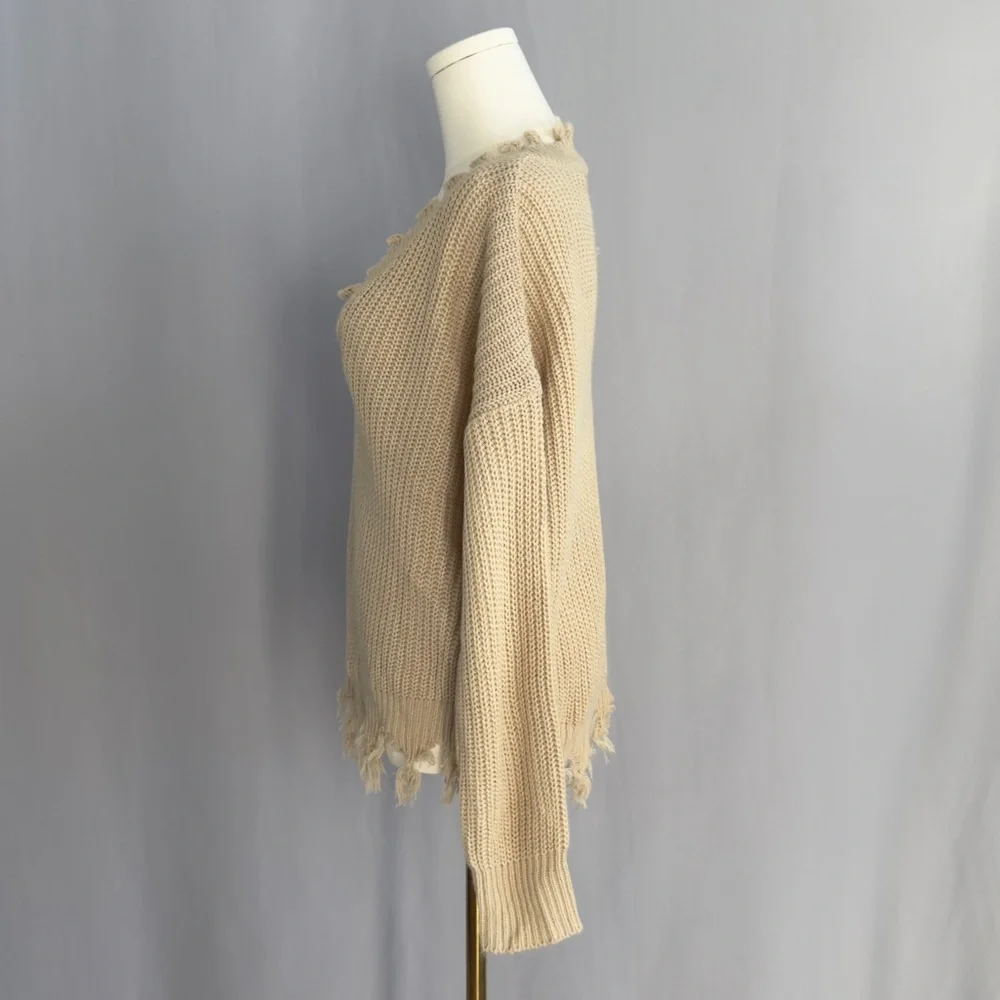 Daytrip V-Neck Frayed Hem Sweater - Beige - Picture 2 of 4